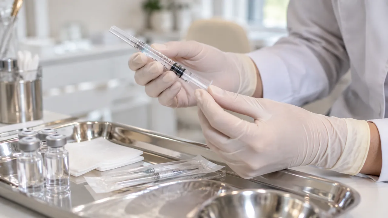 Mãos com luvas seguram seringa de preenchedor sobre bandeja de inox