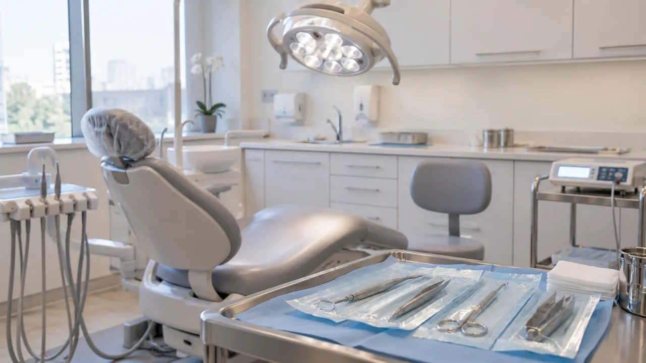 Sala de cirurgia odontológica com cadeira, foco de luz e instrumental estéril embalado