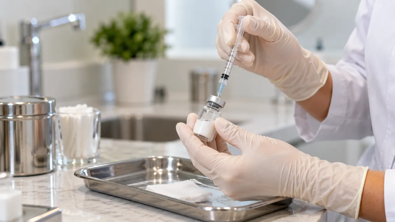 Mãos com luvas diluem o pó de um frasco com seringa, no preparo do bioestimulador de colágeno