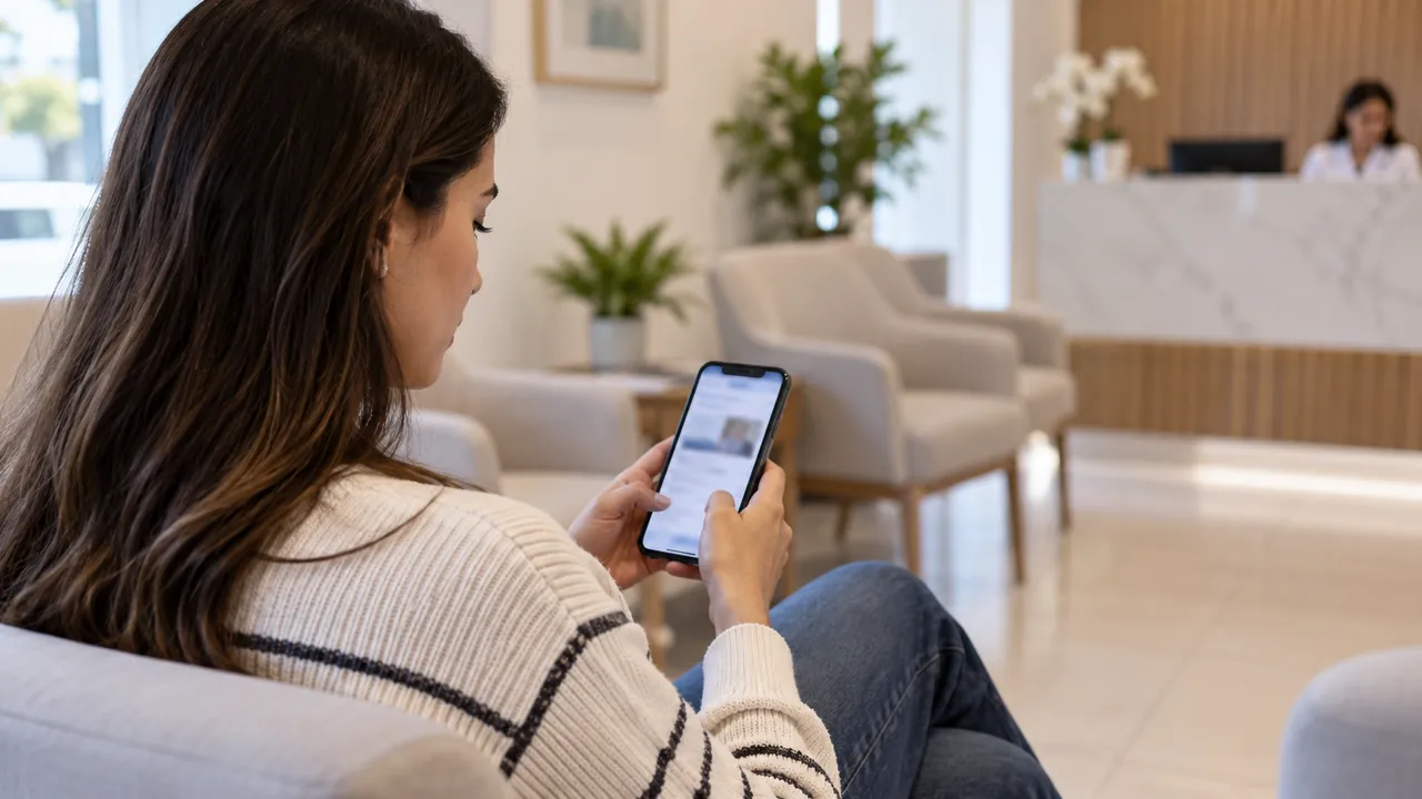 Paciente consulta o celular na sala de espera de uma clínica