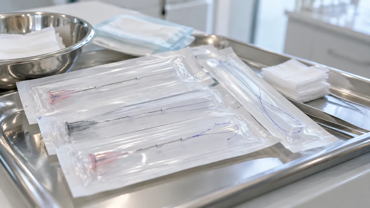 Fios de PDO com cânulas em embalagem estéril sobre bandeja de inox