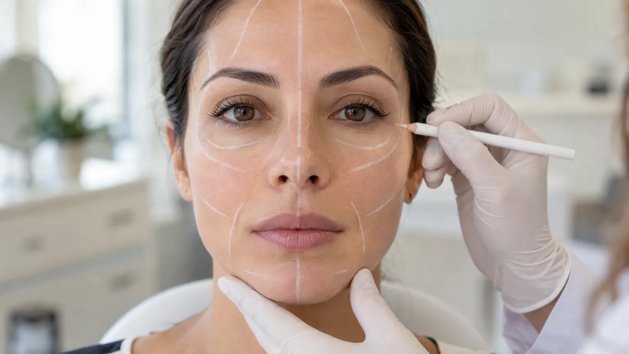 Linhas de análise facial desenhadas com lápis branco no rosto de paciente, no planejamento da harmonização facial