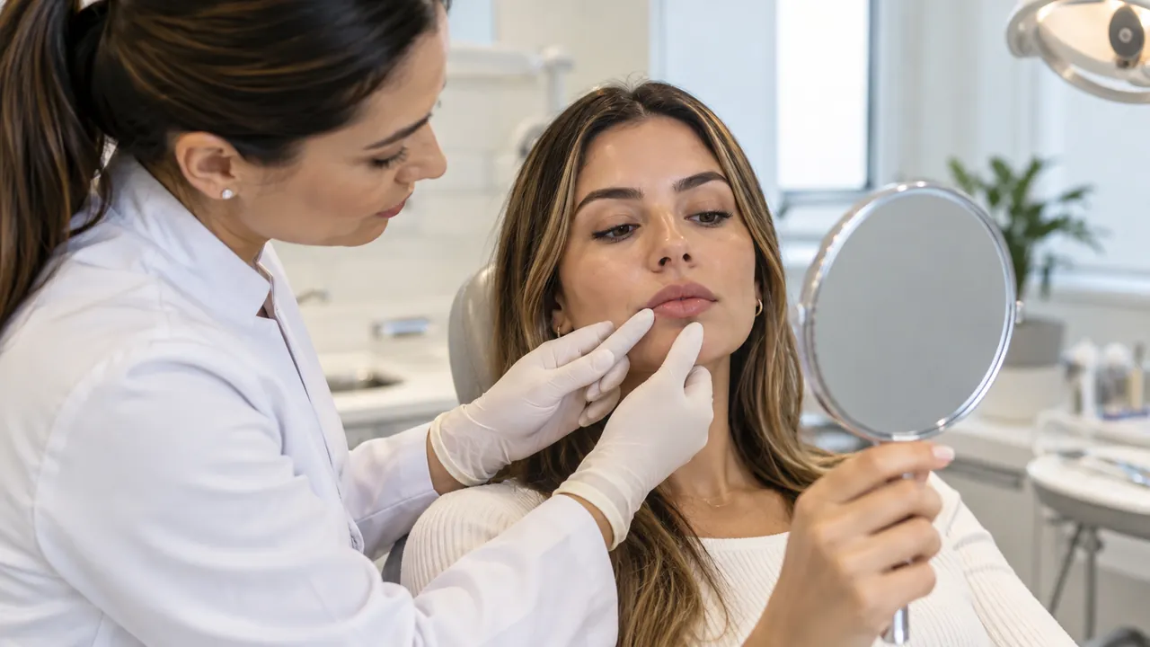 Cirurgiã-dentista avalia o contorno dos lábios enquanto a paciente se observa num espelho de mão