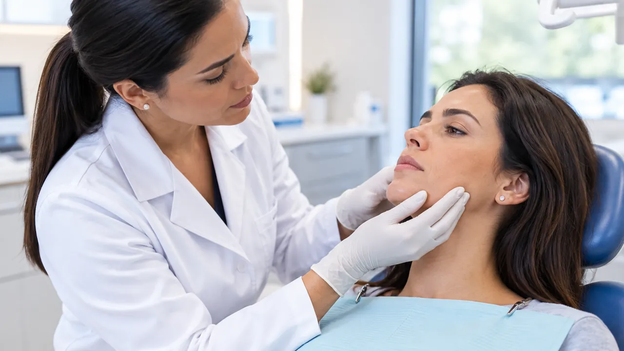 Cirurgiã-dentista palpa o músculo da mandíbula de paciente na cadeira odontológica, na avaliação para botox para bruxismo